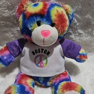 Colorful Tie-Dye Teddy Bear with Peace Shirt